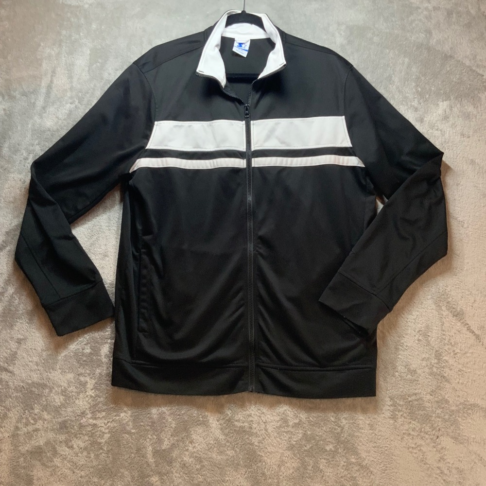 Starter Mens Track Jacket Large Black White Stripe Full Zip Vintage Y2K Athletic